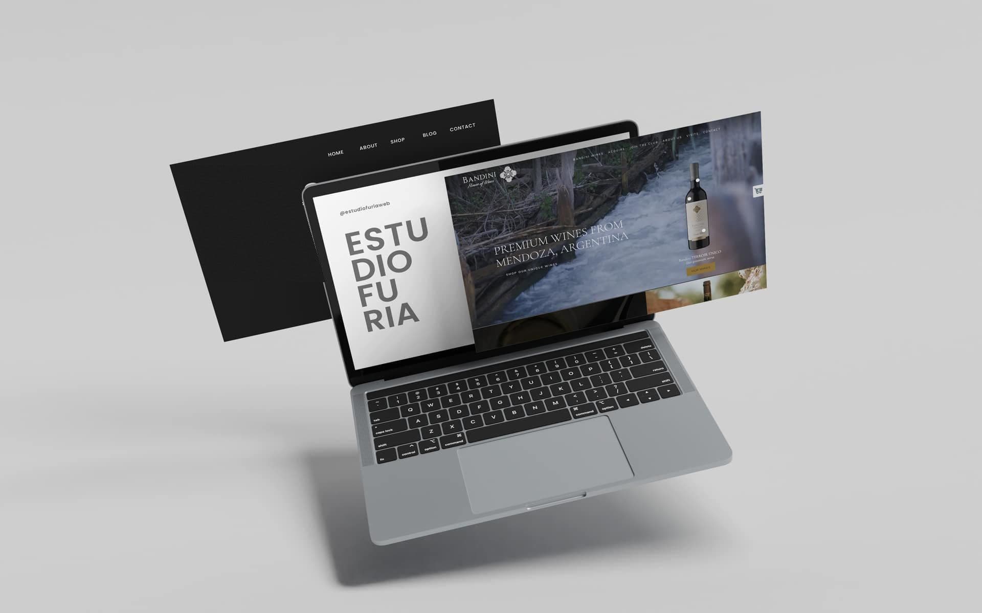 Diseño web de Estudio Furia presentado en laptop, con capas de pantalla de un sitio de bodega