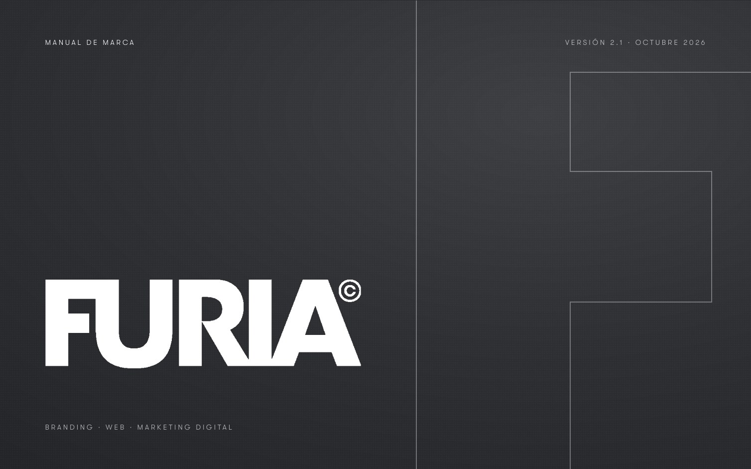 Portada del manual de marca de Estudio Furia: logotipo FURIA sobre fondo grafito con textura de puntos